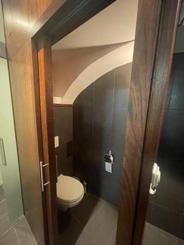 a bathroom with a toilet through a door at Prahabel - K10 in Prague