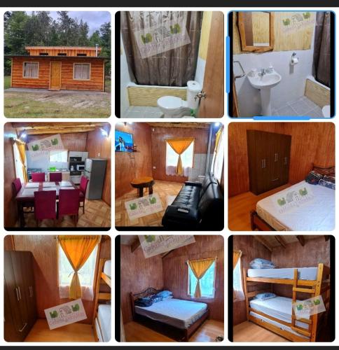 a collage of pictures of a tiny house at Cabañalukismay in Choshuenco