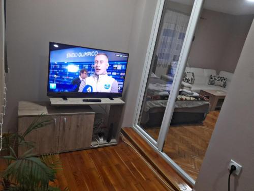 een flatscreen-tv in een woonkamer met een kamer bij Stankovic Apartman in Vranje