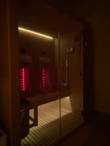 ザスニッツにあるFürstenhof Sassnitzのバスルーム(赤い照明付きのガラス張りのシャワー付)