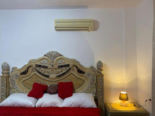 a bed with red and white pillows and a heater at Traveler's house in Jerash