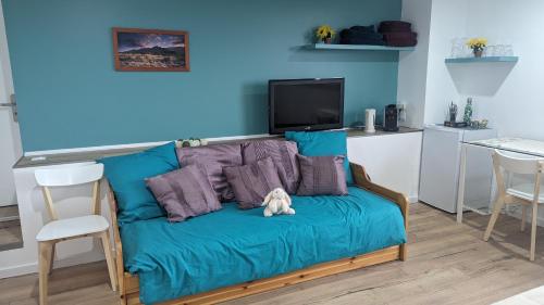 a blue couch with a dog sitting on it at Domaine de la Griffe - Chambres d'hôtes à la montagne in La Roche-sur-Foron