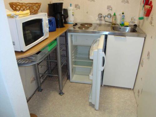eine kleine Küche mit einer Mikrowelle und einem Kühlschrank in der Unterkunft Holiday home in Karlsburg 2768 in Moeckow