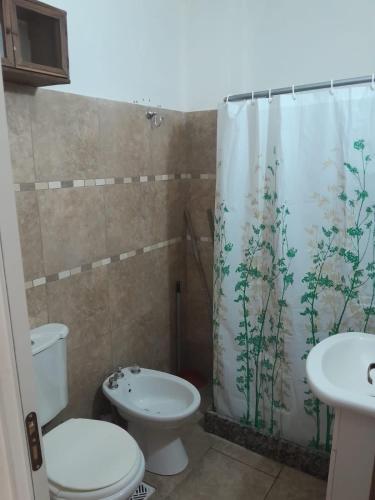 a bathroom with a toilet and a shower curtain at Milli in Gualeguaychú