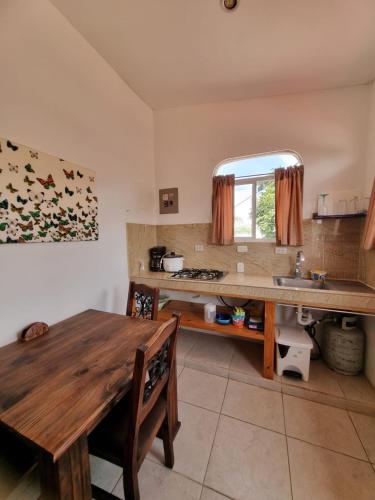a kitchen with a wooden table and a mirror at Mini Apartamento Giada in Nicoya