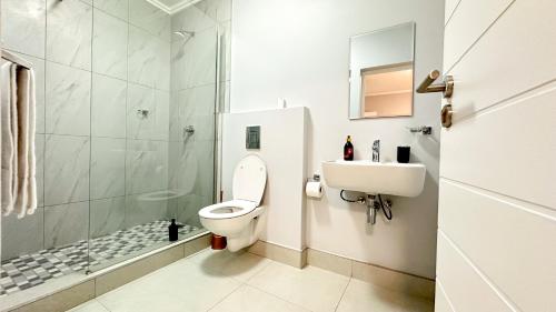 Un baño con ducha, inodoro y lavabo. en Umhlanga Cosy Apartment, en Durban