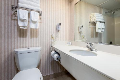 a bathroom with a toilet and a sink and a mirror at Baymont by Wyndham Bartonsville Poconos in Bartonsville