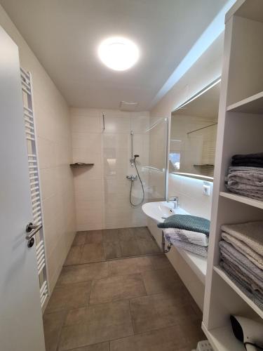a bathroom with a shower and a sink at Lärchenreith Appartement in Schladming