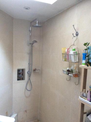 W łazience znajduje się prysznic z głowicą prysznicową. w obiekcie Dawn and Dudley the Sausage dog's Parkside Home w Londynie