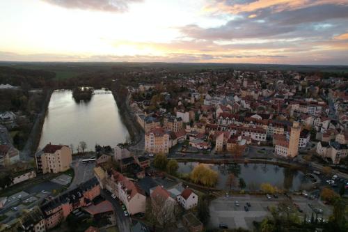 uma vista aérea de uma cidade com um rio em Ferienwohnung Teichidyll Altenburg em Altemburgo