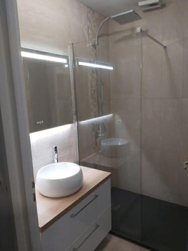 une salle de bain avec un lavabo et une douche en verre dans l'établissement VILLA Face à la Mer Sur le Sable 6 CLIM A L'ETAGE, au Barcarès