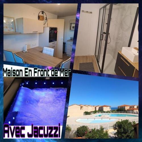 un collage de quatre photos d'une cuisine et d'une maison dans l'établissement Maison avec spa en front de mer, au Barcarès