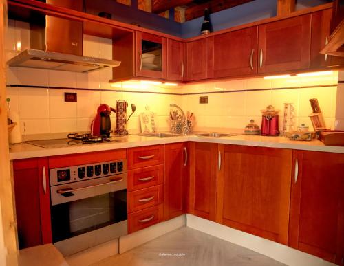 哈恩的住宿－Luxe ÁticoDúplex 2min Catedral，厨房配有木制橱柜和炉灶烤箱。