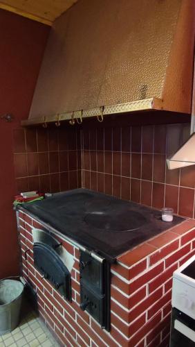 a brick oven in a kitchen with a brick wall at Le Paradis Blanc Sauna & Spa in Kortetniemi