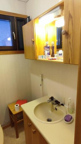 a bathroom with a sink and a mirror at Le Paradis Blanc Sauna & Spa in Kortetniemi