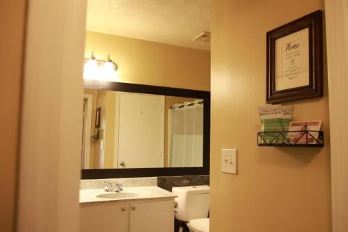 a bathroom with a sink and a mirror and a toilet at Entire 2 Bedroom Apt Home in Sandy Springs in Sandy Springs