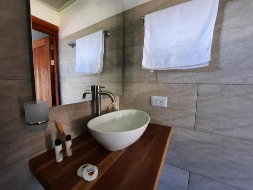 uma casa de banho com um lavatório branco num balcão de madeira em Hotel Pliosaurio Campestre em Villa de Leyva