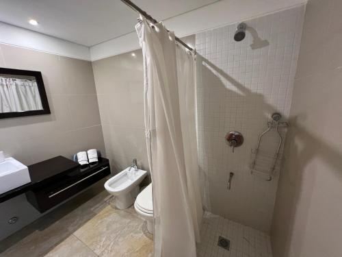 a bathroom with a shower and a toilet and a sink at Altos del Golf - Fito in Punta del Este