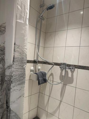 a shower with a hose in a bathroom at Urlaub im historischen Müllerhaus, Dachgiebel in Lübeck