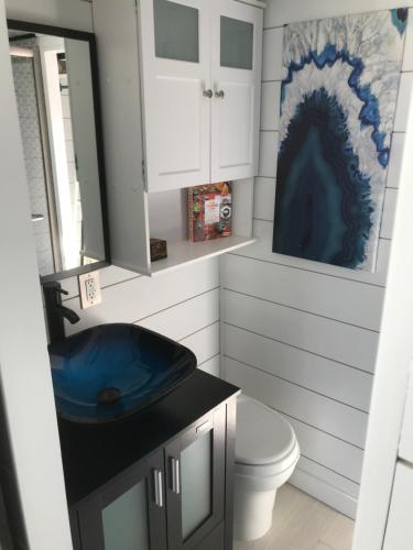 La salle de bains est pourvue d'un lavabo bleu et de toilettes. dans l'établissement Modern, pet friendly tiny house, No extra fees!, à Clermont