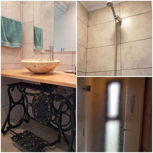 a bathroom with a counter with a sink and a shower at La Cappella Casa Quincho in Sierra de los Padres