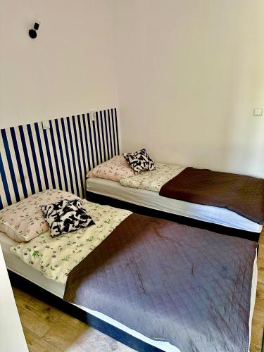 two beds sitting next to each other in a room at Apartament nr 5 lub 6 przy Sali Kominkowej in Przeczyce