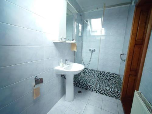 y baño blanco con lavabo y ducha. en Pensiunea San, en Arad