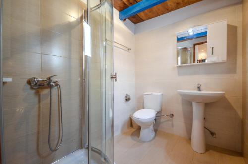 a bathroom with a shower and a toilet and a sink at Infinity Apartments in Naxos Chora