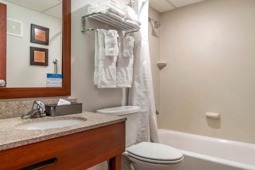 a bathroom with a sink and a toilet and a tub at Comfort Inn University Buffalo-Amherst NY in Amherst