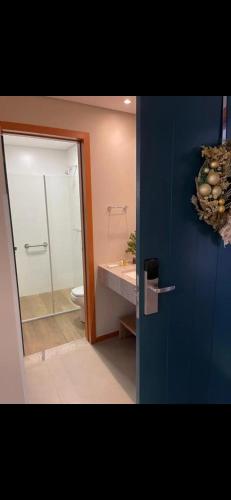 uma casa de banho com uma cabina de duche em vidro e um WC. em Apartamento no centro com lazer! em Pirenópolis