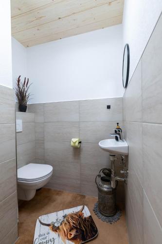 a bathroom with a sink and a toilet at Kummererhof in Itter