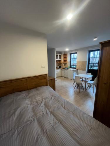 een slaapkamer met een bed en een tafel en een keuken bij Apartament Mazurek przy Promenadzie in Mikołajki