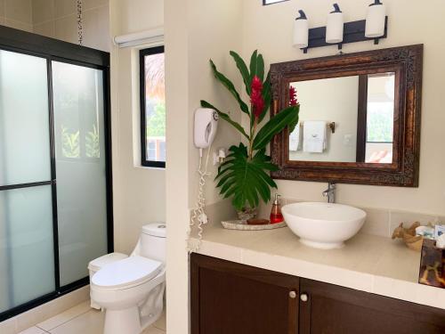a bathroom with a toilet and a sink and a mirror at Paraiso Escondido Hotel Villas & Resort in El Níspero