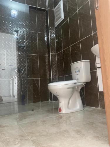 a bathroom with a white toilet and a shower at 1+1 in Hopa