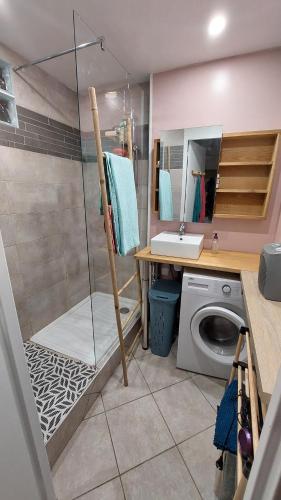 une salle de bain avec douche et lavabo et une machine à laver dans l'établissement Appartement centre Villard de Lans, 49 m2 2 pièces plus cuisine 4/6 personnes, à Villard-de-Lans