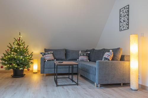 a living room with a couch and a christmas tree at Apartamenty Wisła Krzywa 8, wanna z hydromasażem, basen zewnętrzny in Wisła