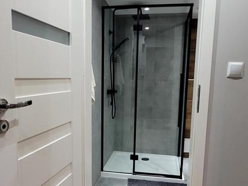 a shower with a glass door in a bathroom at Mieszkanie przy rzece in Gołdap