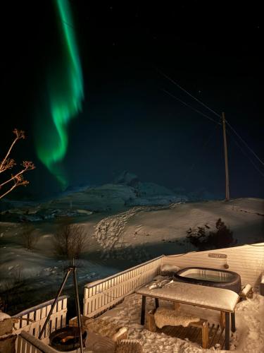 a picnic table under the northern lights in the sky at Sundet Lofoten Holiday House in Sund
