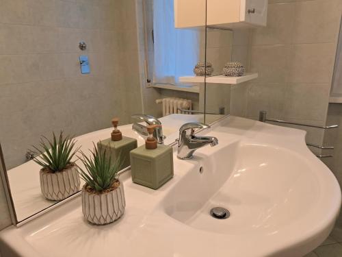 a bathroom sink with two potted plants and a mirror at Casa Barbara in Corsico