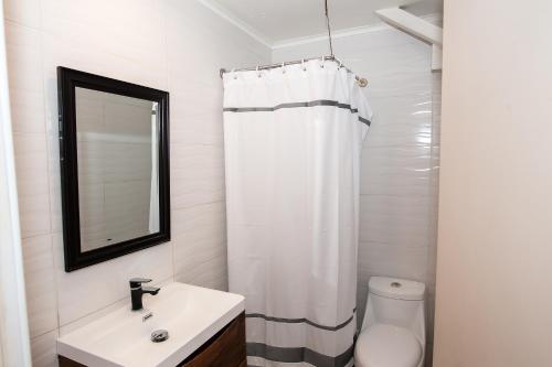 La salle de bains est pourvue d'un lavabo, de toilettes et d'un miroir. dans l'établissement Casa Baron, à Valparaíso