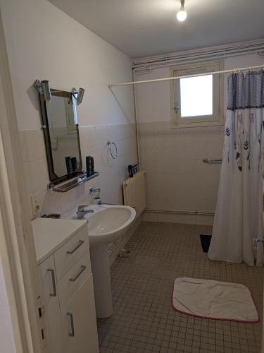 y baño con lavabo, espejo y ducha. en Pin parasol en Marmande
