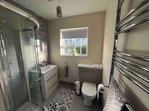 y baño con ducha, aseo y lavamanos. en Cosy 4 bed bungalow in quiet residential area!, en Strabane