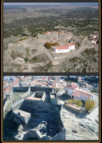 two pictures of an old building and a city at LA CASITA DE BAUTISTA 2 llaves montanchez -caceres in Montánchez
