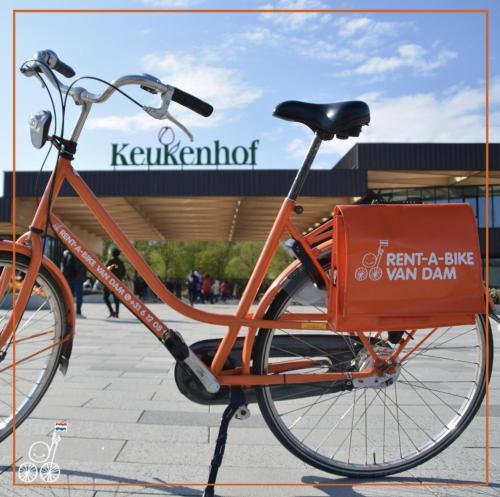 uma bicicleta laranja estacionada em frente a um edifício em Boutique B&B Huys Oud Teylingen em Warmond