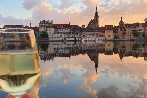 um copo de vinho em frente a uma cidade em Ferienwohnung „Zuckerbäckerei“ em Kitzingen