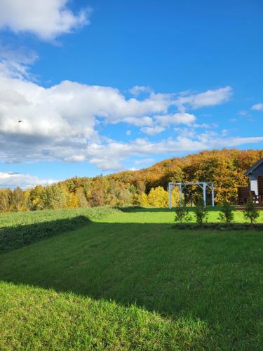 a large grassy field with a gazebo at Jaśkowe Wzgórze domki na wynajem, balia, Szymbark DOMEK NR 1 in Szymbark