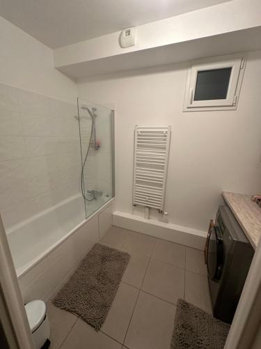 a bathroom with a shower and a toilet and a tub at Appartement stade de france in Saint-Denis