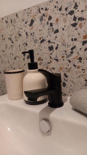 um lavatório de casa de banho com um dispensador de sabão e uma torneira em Domek Wonkopianka em Grywałd