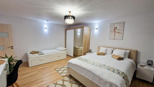 a bedroom with a large bed and a mirror at Central Modern View- unitate autorizată de Ministerul Turismului in Râmnicu Vâlcea