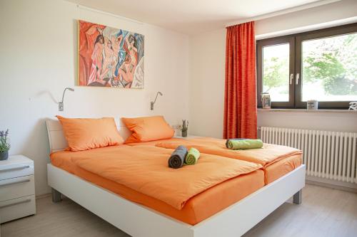 1 dormitorio con 1 cama con manta naranja en Lakeside Apartment - Seeufer Apartment, en Allensbach